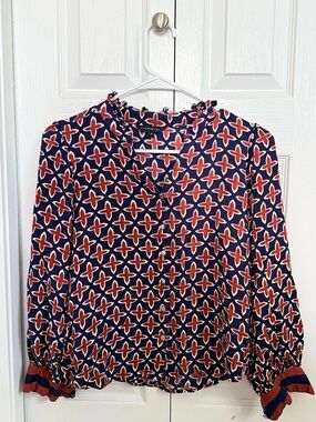 Chemistry Navy and Rust Geometric Button-Front Blouse